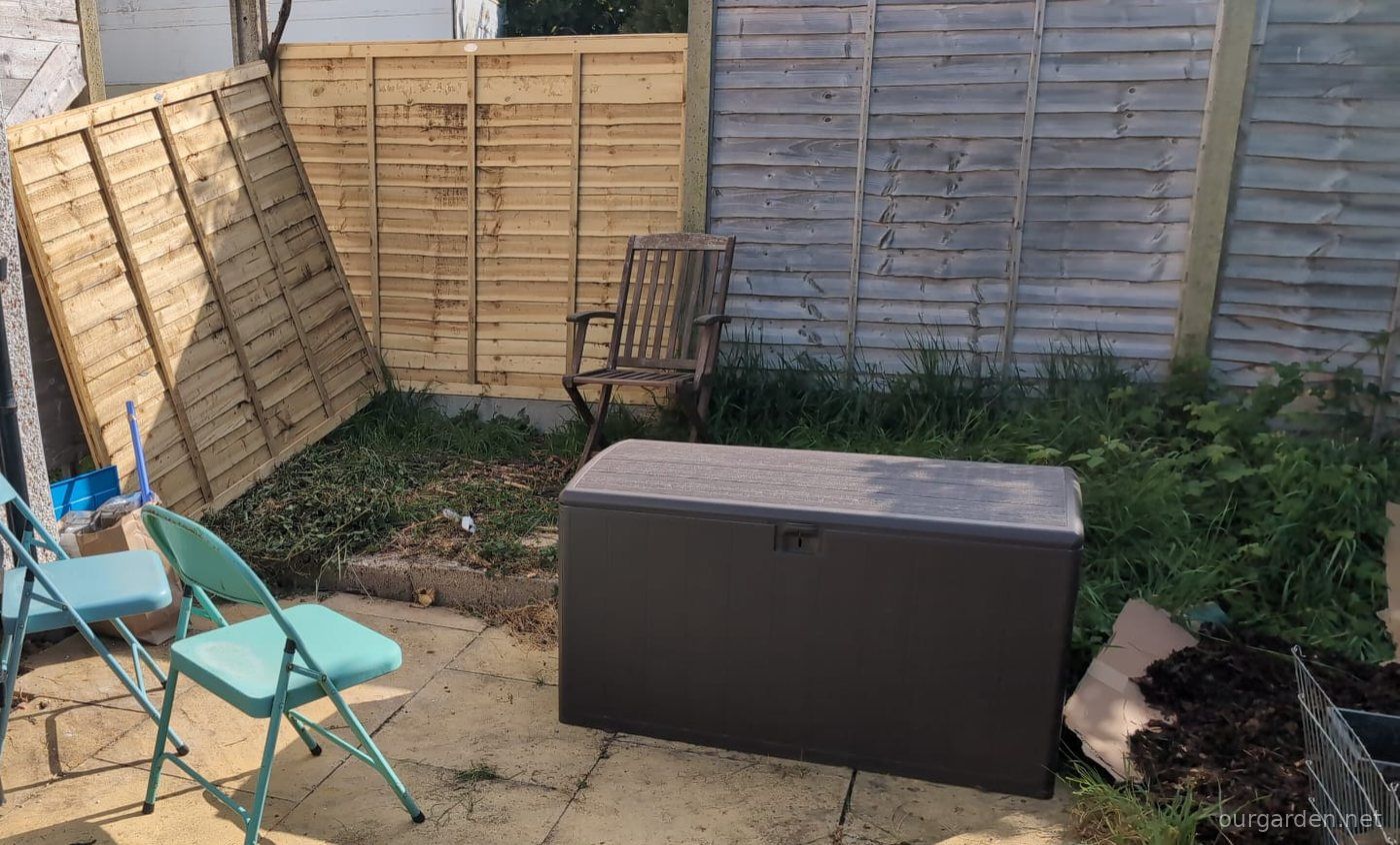 Before: grass, old pavers and garden bits